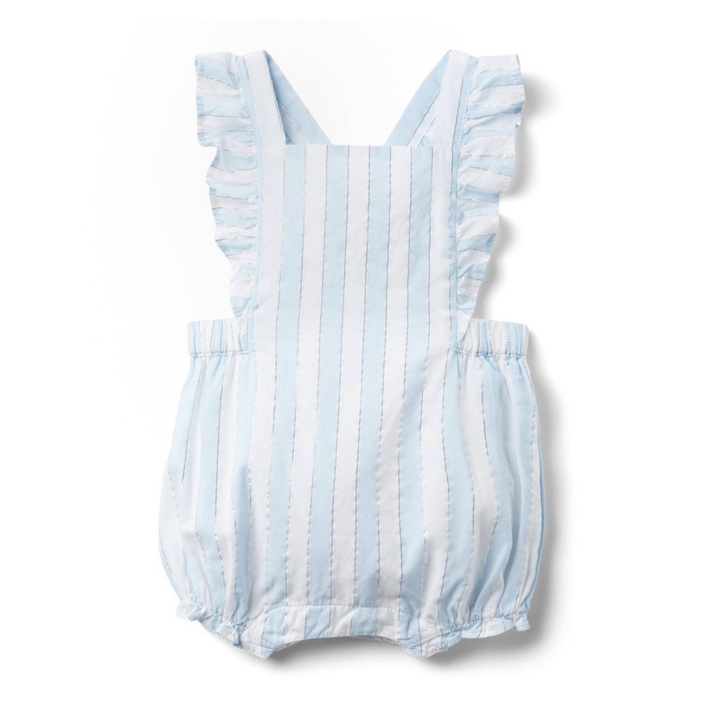 Janie and Jack baby blue, white & silver stripe baby girl romper 0-3 months